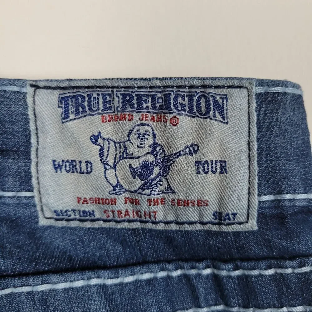 True Religion Jeans 33 Blue Denim Natural Big T Bobby Y2K Thick Stitch Straight‎